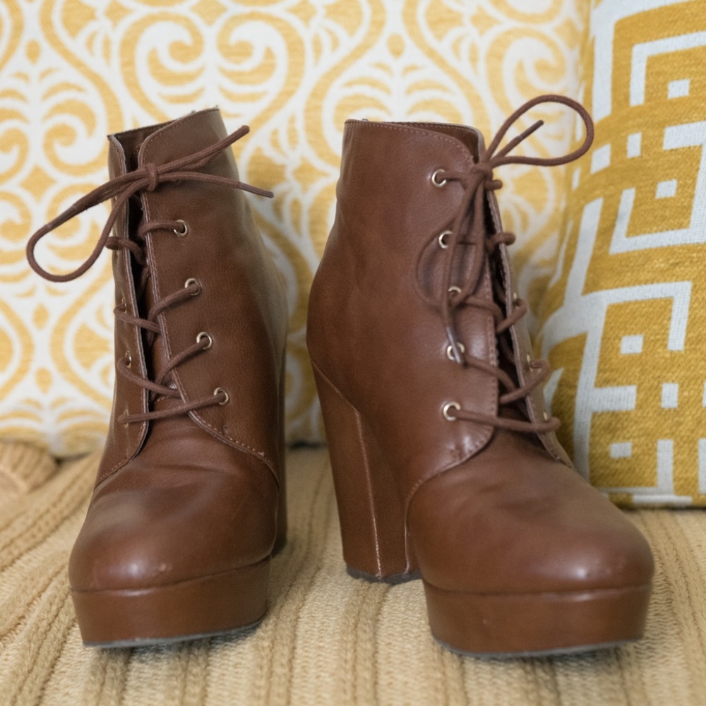 Brown Lace Up Heeled Booties